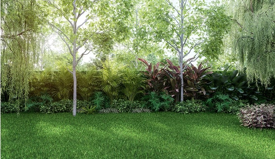 A tranquil garden with trees, plants, and a neatly trimmed lawn.
